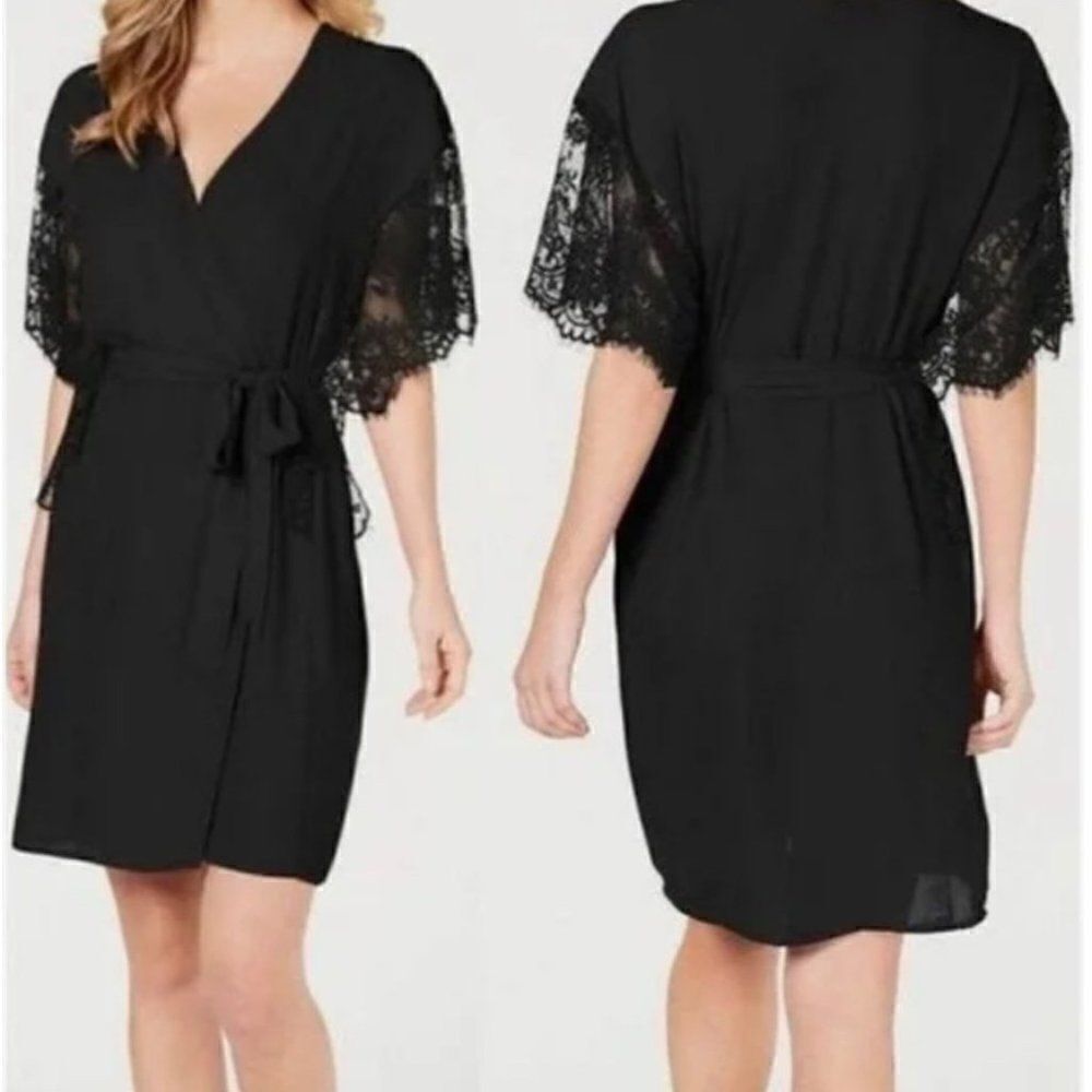 INC International Concepts Black Sheer Short Lace Trim Robe Lingerie Size XS